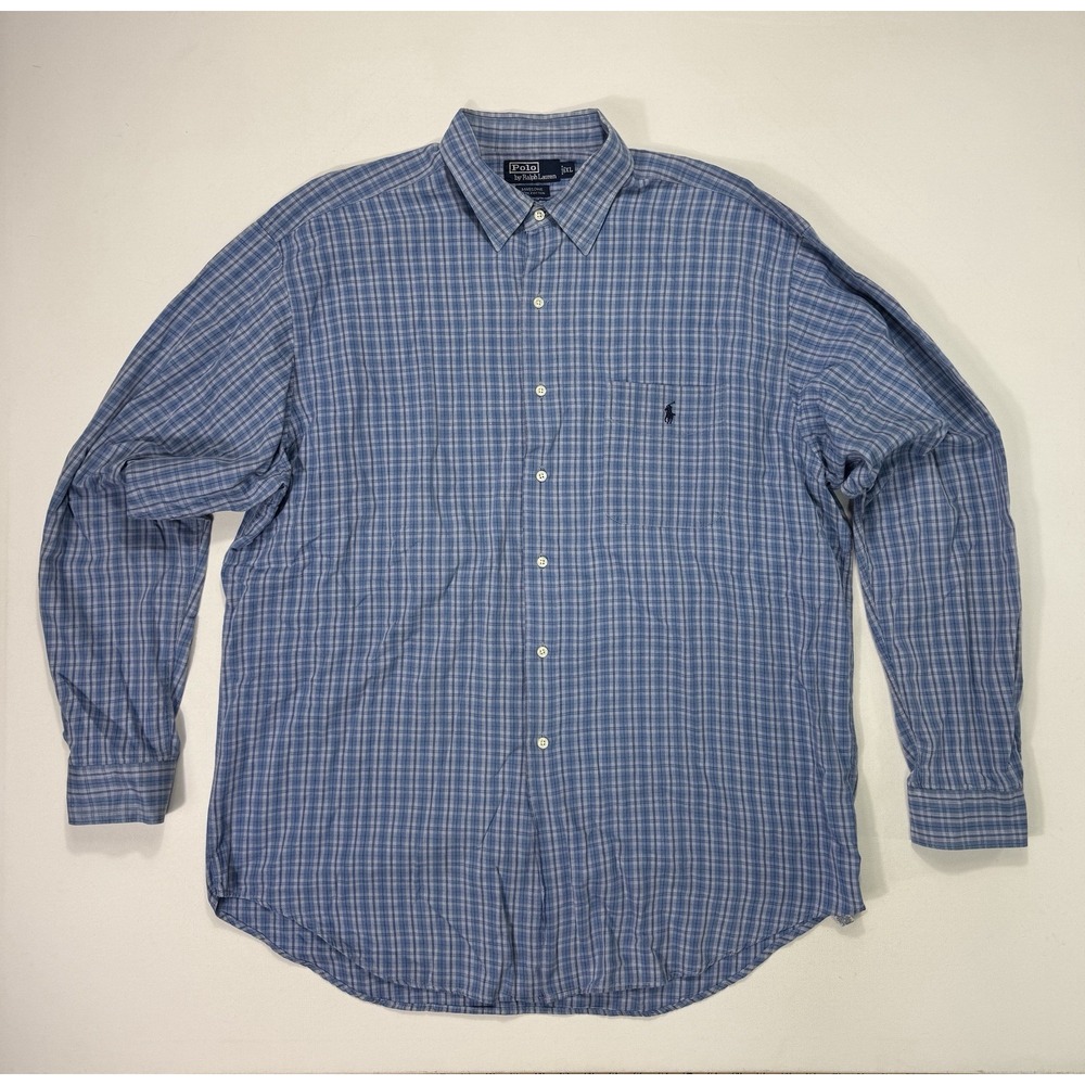 Polo Ralph Lauren Marlowe Shirt Mens XL Blue Plaid Vintage Button Up Cotton 90s
